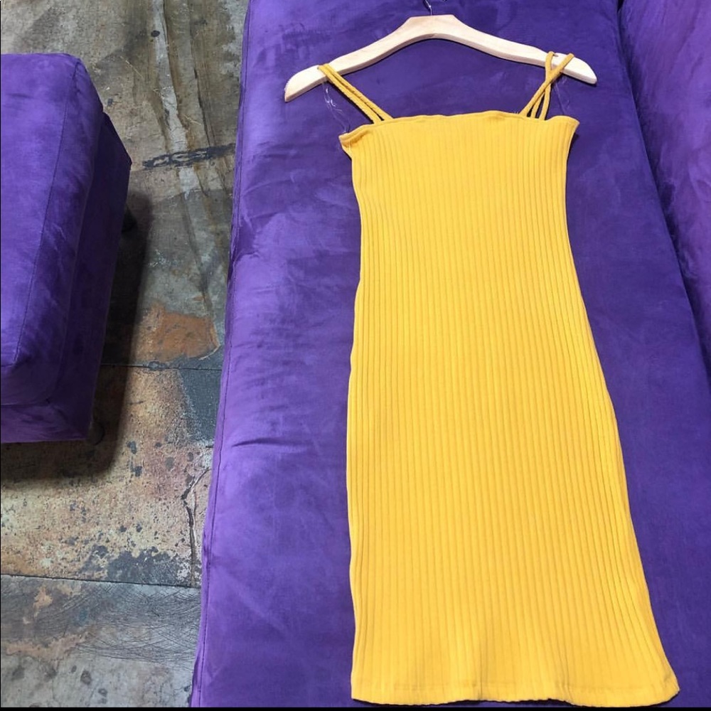Yellow spring body con ribbed dress
